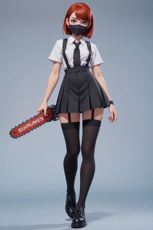 character Power (chainsaw man) , Red haired girl, student clothes, light blue background, beautiful, good hands, full body,looking to the camera, good body, 18 year old girl body,school shoes, school skirt, school shirt, black shoes, sexy pose, full_body, with small earrings, character_sheet, fashionable hairstyle, school_uniform, shoes_black, with black mask, face_clothmask_black ,school_shoes_black,arcane style,
, clothes with accessories, denier tights in beige, stockings_colorbeige, Reclaimed Vintage side cut out tights in black, clothes sexy, Bluebella garter suspender in black