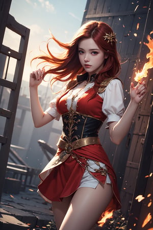 (masterpiece, best quality), 2.5D,  1girl, casting fire magic, tunic, red hair, floating hair, light particles, cowboy_shot ,outdoors, scenery, dutch angle, extremely detailed. 