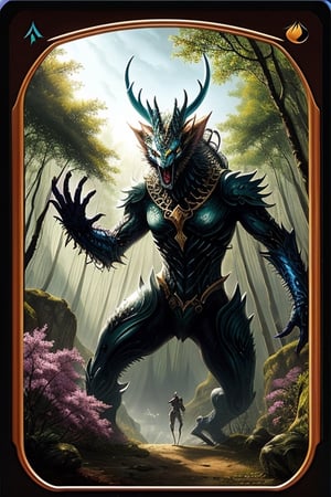 /imagine prompt: color photo of a mythical creature emerging from a vibrant forest, depicted on a Magic: The Gathering card created by artificial intelligence. The artwork showcases intricate details, vivid colors, and a sense of otherworldly beauty. —c 10 —ar 2:3