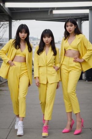 There are three girls in yellow suits posing for a photo, Music video, with yellow cloths, Image from a music video, black rose, performing a music video, KDA, perfume, twice, Sha Xi, Iu, e-girl, E - Girl, 4k], 4k], Y2K, and 2k, Vibrant Glow, 4k)