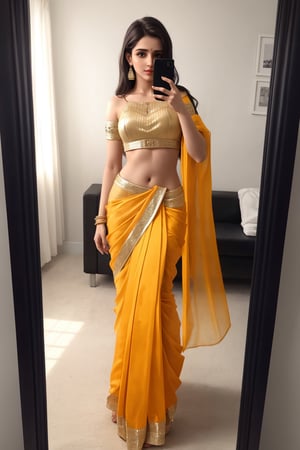 girl standing, taking selfi in mirror, wearing sari, claveg, Instagram model, sexy, hot girl, ultra HD, realistic,