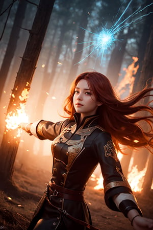 (masterpiece, best quality), 2.5D,  1girl, casting fire magic, tunic, red hair, floating hair, light particles, cowboy_shot ,outdoors, scenery, dutch angle, extremely detailed. 