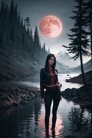 Highly detailed, High Quality, Masterpiece, beautiful, acncait, hand on hip,  , 1girl, solo,  , night, (dark environment), mountains, water, trees, red moon, rain, ,arcane style