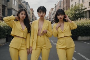 There are three girls in yellow suits posing for a photo, Music video, with yellow cloths, Image from a music video, black rose, performing a music video, KDA, perfume, twice, Sha Xi, Iu, e-girl, E - Girl, 4k], 4k], Y2K, and 2k, Vibrant Glow, 4k)
