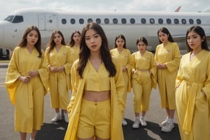 Araffes in yellow suits standing in front of a large plane, Music video, Image from a music video, with yellow cloths, twice, E - Girl, e-girl, Screenshot from YouTube video, in the girls' generation, Yellow robes, The Yellow Monkey Madness, link, trailer, performing a music video, 2 0 2 0 fashion, video still