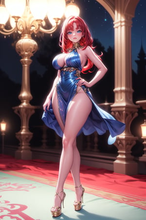 (masterpiece, maximum detail, best quality, high resolution), 1 woman, ((full body)), royal blue mini dress, in an arabic palace at night, platform high heels, big breasts, wide hips, thighs big, big hair, detailed background, landscape background, long hair, red hair, blue eyes, sexy pose,yofukashi background,high heels, model pose,nilou,