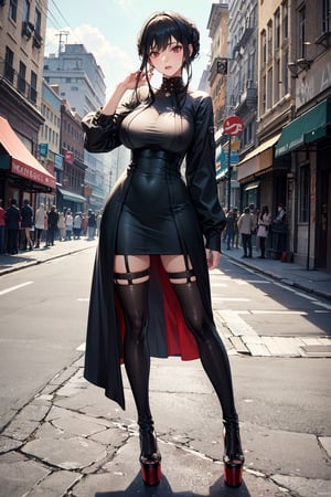 detailed eyes, slim body, detailed image, highly detailed, 1girl, ((gray_long_dress)), (tight_clothes), big breasts, wide_hip, narrow_waist, black hair, hair with bun, tied hair, street, chanel bag, gold_jewelry, cardigan, pantie_line, 1 character, (((platform high heels))), full body,yor_a