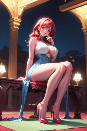 (masterpiece, maximum detail, best quality, high resolution), 1 woman, ((full body)), royal blue mini dress, in an arabic palace at night, platform high heels, big breasts, wide hips, thighs big, big hair, detailed background, landscape background, long hair, red hair, blue eyes, sexy pose,yofukashi background,high heels, model pose,nilou, sitting,