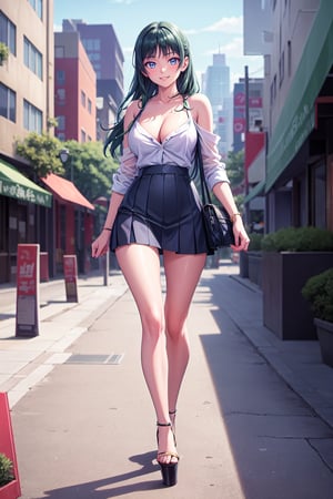 ((Best quality)), ((masterpiece)), (anime), a beautiful sexy woman walking down the street in a short skirt, a blouse and high platform heels, blue eyes, green hair, smooth skin, cleavage, ((full body)), (city setting, city enviroment), smile, shoulders exposed, anime, green eyes, maomao, 