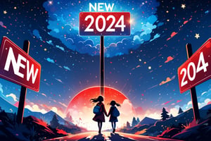 (Best quality, ultra detailed, masterpiece), bright sky, 1 girl with , Approaching, happy,  ,hello(silhouette), festive atmosphere, (red scenery:1.2), (blue focus),  country, new year´s eve theme, masterpiece, best quality,abandoned roas,traffic sign with the inscription (((new year 2024))),Text,more detail XL