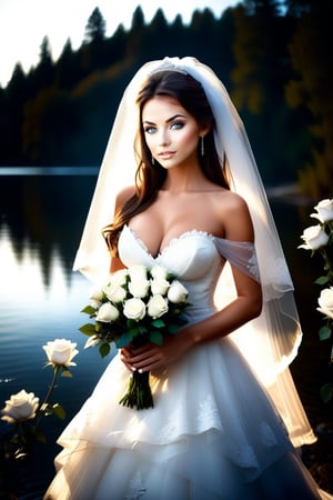 Professional photo, beautiful brunette, slim figure, big breasts, veil, wedding dress, neckline, bride, posing on the shore of a lake with a bouquet of white roses, eye contact, looking at the viewer, masterpiece, best quality, perfect detail, perfect face detail, perfect  eye detail, perfect skin detail, depth of field, perfect lighting