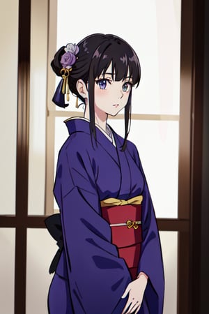 4k anime girl in a kimono and purple clothing, in the style of photo-realistic drawings, light white and light gray, qian xuan, exaggerated nobility, sabattier filter, kawacy, accurate and detailed --ar 18:25 --s 750 --niji 5