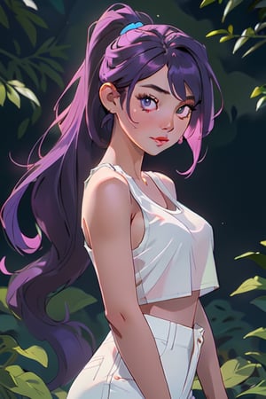 Best quality, masterpiece, ultra high res, (photorealistic:1. 4), raw photo, outdoor photo of a pretty and slim mixed race Asian lady with long ponytailed purple hair wearing a white tank top, photometric lighting, symmetric light, 8k. nipeels