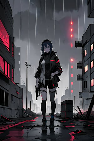 a girl in techwear style clothes and a gun on her back alone in a destroyed cyberpunk city with a melancholic atmosphere produced by the rain that wets the city looking towards the camera