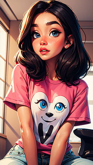 1girl,shitty t-shirt ,eyebrows,heart eyes,beautiful girl, blush