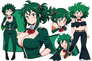 masterpiece, best quality, detailed faces and eyes,1girl, deku, girl, full body, boobs,hero costume,cute face, green hair, green eyes, :), blush, Izuku Midoriya