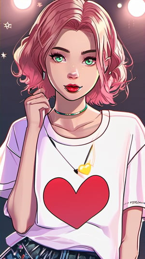 1girl,shitty t-shirt ,eyebrows,heart eyes,beautiful girl, blush