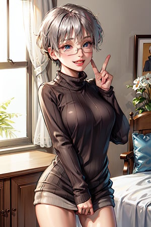 masterpiece, best quality, girl, detailed face, small nose, detailed eyes, baggy sweater, turtleneck, no pants, bed, hairy face, glasses, shy smile, blush, bust.,EnvyBeautyMix23