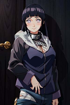 masterpiece, high quality, highres, 1girl, solo, nsfw,
, ChopioHinata, looking at viewer, blunt bangs, long hair, blush, white eyes, no pupils, outfit1, hooded jacket, jacket, long sleeves, purple jacket, fishnet undershirt, pants, bandages, forehead protector, konohagakure symbol, fishnet,
bedroom, doorway, seductive smile, standing, large breasts, cleavage, (straight-on:1.1),  naked.  perfect tits