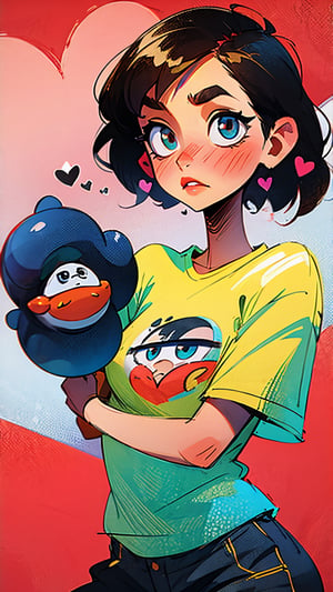 1girl,shitty t-shirt ,eyebrows,heart eyes,beautiful girl, blush