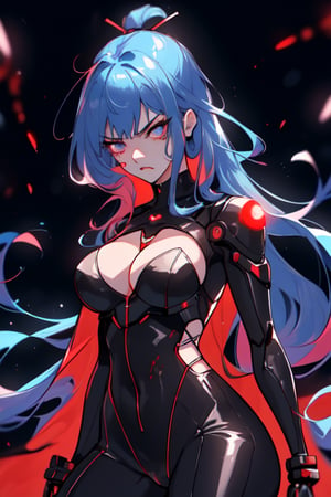 (best quality, masterpiece). glow. simple background. 1girl. cyberpunk. mechanical. red lighting. blue curly hair. high contrast. leaning back pose. big breasts. wide hips. thicc tighs. mommy. killer. violence, blood. angry face. blood on body. blood on face. combat
