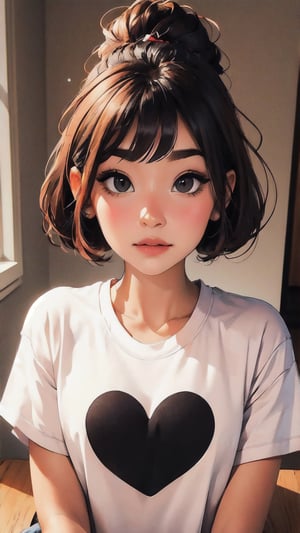 1girl,shitty t-shirt ,eyebrows,heart eyes,beautiful girl, blush