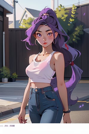 Best quality, masterpiece, ultra high res, (photorealistic:1. 4), raw photo, outdoor photo of a pretty and slim mixed race Asian lady with long ponytailed purple hair wearing a white tank top, photometric lighting, symmetric light, 8k