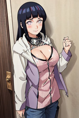 masterpiece, high quality, highres, 1girl, solo, nsfw,
, ChopioHinata, looking at viewer, blunt bangs, long hair, blush, white eyes, no pupils, outfit1, hooded jacket, jacket, long sleeves, purple jacket, fishnet undershirt, pants, bandages, forehead protector, konohagakure symbol, fishnet,
bedroom, doorway, seductive smile, standing, large breasts, cleavage, (straight-on:1.1),  naked.  perfect tits