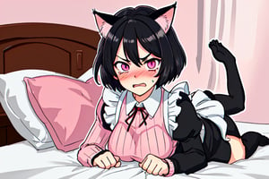 masterpiece, best quality, detailed faces and eyes, 1 girl, breasts, short hair, anger, maid, blushing, pink eyes, outline, black hair, disgust, full body, cat ears, fox tail, bed, sweater, cute face,