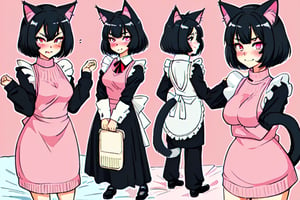 masterpiece, best quality, detailed faces and eyes, 1 girl, breasts, short hair, anger, maid, blushing, pink eyes, outline, black hair, disgust, full body, cat ears, fox tail, bed, sweater, cute face,