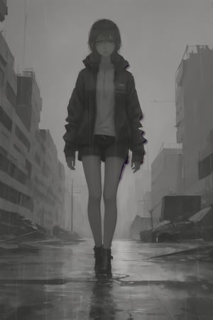 a cyberpunk girl alone in a destroyed city with a melancholic atmosphere produced by the rain that wets the city looking towards the camera