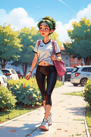 Jolyne girl walking, sweat, tired, sleepy, great distance
