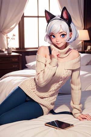 masterpiece, best quality, detailed faces and eyes, 1 girl, breasts, short hair, smile, sweater, turtleneck, ribbed sweater, blushing, blue eyes, outline, white hair, smile, full body, ears cat, foxtail, white, bed, sweater, slim, cute face, one shoulder bare.
,MAWSLoisLane,1 girl,SAM YANG,hilda \(beelzebub\),maid uniform