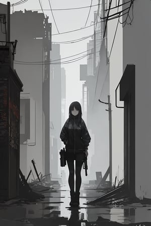 a girl in techwear style clothes and a gun on her back alone in a destroyed cyberpunk city with a melancholic atmosphere produced by the rain that wets the city looking towards the camera