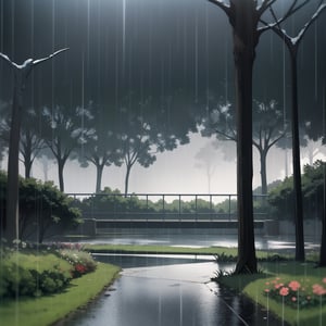 a park on a rainy afternoon, dark weather