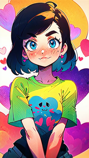 1girl,shitty t-shirt ,eyebrows,heart eyes,beautiful girl, blush