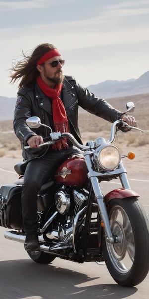 An old biker with red bandana with white polka dots on his Harley Davidson on Route 66, long hair blowing in the wind, leather jacket, high speed, high dust, grandiose scene, all elements of the scene are meticulously detailed, Ultra HD 8 K,Extremely Realistic,anepicboy