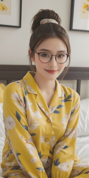 6104320A smiling and confident beauty influencer with bespectacled brown hair tied like a ponytail, yellow pajamas with floral motifs, she is in her bedroom to sleep, bed sheets and pillows