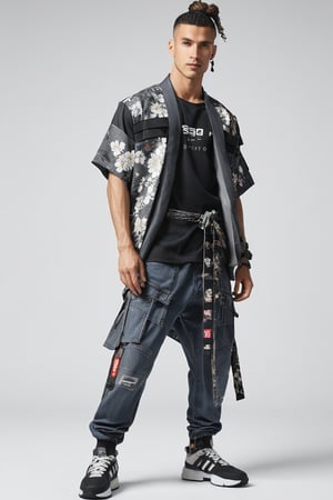 1man, male, Long-exposure, head to toe, Full view portrait of a man, clean shaved face, handsome face, muscular body, ((long high-knot tied wavy hair)), floral-patterned baggy loose-fitting large tactical kimono , Baggy ripped cargo jeans, high-cut sneakers, detailed skin texture, front view, age 31, 31 years old, hyperdetailed photography, cover,photorealistic, urban techwear, TechStreetwear, tactical gear, tacticalgear,mullet_hair,shullet,