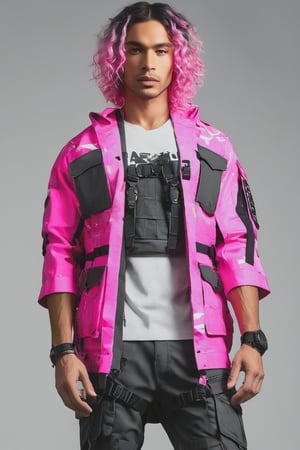 1man, male, Long-exposure, head to toe, Full view portrait of a man, clean shaved face, handsome face, muscular body, ((long wavvy hair)), neon-pink-coloured baggy loose-fitting large tactical kimono , Baggy ripped cargo jeans, high-cut sneakers, detailed skin texture, front view, age 31, 31 years old, hyperdetailed photography, cover,photorealistic, urban techwear, TechStreetwear, tactical gear, tacticalgear,H0lg,M3rm,Ro53,Gr33n,P1nk,B1ue,Sun53t,G41xy,