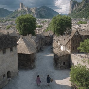 A woman, in a Medieval village buildings scene with busy streets and castle in the distance, clouds and mountains ,FFIXBG,High detailed ,no_humans