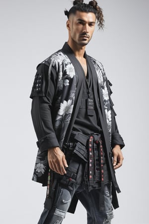 1man, male, Long-exposure, head to toe, Full view portrait of a man, handsome face, muscular body, samurai hair, ((long high-knot tied wavy hair)), floral-patterned baggy loose-fitting large tactical kimono , Baggy ripped cargo jeans, high-cut sneakers, detailed skin texture, front view, age 31, 31 years old, hyperdetailed photography, cover,photorealistic, urban techwear, TechStreetwear, tactical gear, tacticalgear,mullet_hair,shullet,