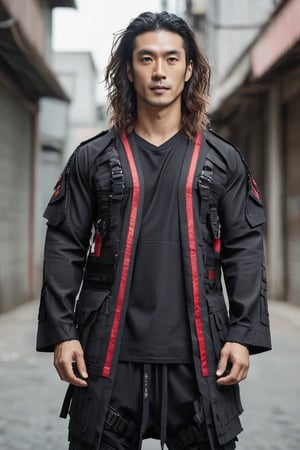 1man, male, Long-exposure, head to toe, Full view portrait of a man, clean shaved face, handsome face, muscular body, ((long wavvy hair)), red-coloured baggy loose-fitting large tactical kimono , Baggy ripped cargo jeans, high-cut sneakers, detailed skin texture, front view, age 31, 31 years old, hyperdetailed photography, cover,photorealistic, urban techwear, TechStreetwear, tactical gear, tacticalgear,mullet_hair,shullet