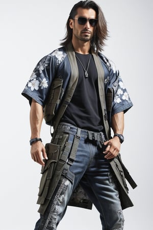 1man, male, Long-exposure, head to toe, Full view portrait of a man, handsome face, muscular body, samurai long hair hairstyle, floral-patterned baggy loose-fitting large tactical kimono , Baggy ripped cargo jeans, high-cut sneakers, detailed skin texture, front view, age 31, 31 years old, hyperdetailed photography, cover,photorealistic, urban techwear, TechStreetwear, tactical gear, tacticalgear,mullet_hair,shullet,