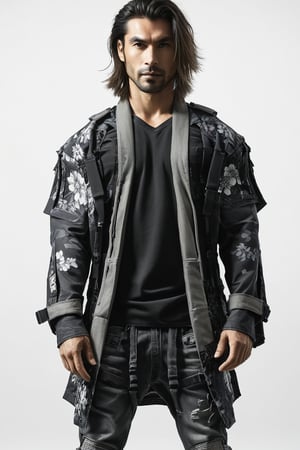 1man, male, Long-exposure, head to toe, Full view portrait of a man, handsome face, muscular body, samurai long hair hairstyle, floral-patterned baggy loose-fitting large tactical kimono , Baggy ripped cargo jeans, high-cut sneakers, detailed skin texture, front view, age 31, 31 years old, hyperdetailed photography, cover,photorealistic, urban techwear, TechStreetwear, tactical gear, tacticalgear,mullet_hair,shullet,