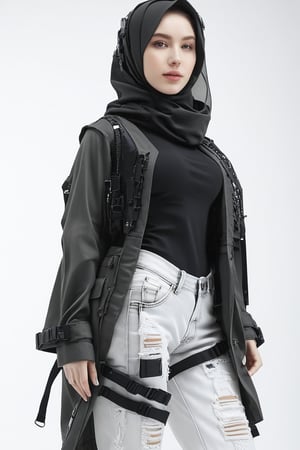 wearing hijab, baggy loose-fitting large see-through tactical kimono, Baggy ripped cargo jeans, doctor marten's high boots, detailed skin texture, front view, ((white_skin)), pale_skin, beautiful woman thick Russian-Korean lady, age 21, 21 years old, toned_belly, big_thighs, curvy, glistening_s, hyperdetailed photography, cover,photorealistic, hourglass body shape