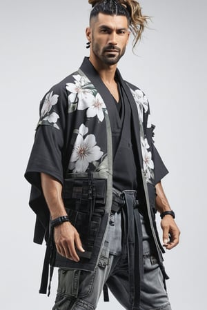 1man, male, Long-exposure, head to toe, Full view portrait of a man, handsome face, muscular body, samurai hair, ((long high-knot wavy hair)), floral-patterned baggy loose-fitting large tactical kimono , Baggy ripped cargo jeans, high-cut sneakers, detailed skin texture, front view, age 31, 31 years old, hyperdetailed photography, cover,photorealistic, urban techwear, TechStreetwear, tactical gear, tacticalgear,mullet_hair,shullet,