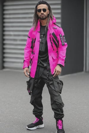 1man, male, Long-exposure, head to toe, Full view portrait of a man, clean shaved face, handsome face, muscular body, ((long hair)), neon-pink-coloured baggy loose-fitting large tactical kimono , Baggy ripped cargo jeans, high-cut sneakers, detailed skin texture, front view, age 31, 31 years old, hyperdetailed photography, cover,photorealistic, urban techwear, TechStreetwear, tactical gear, tacticalgear, 