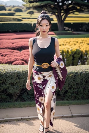 Realistic photography cinematic still, Bird eye view shot,1women, wearing yakata outside, wearing tank top inside ,
colorful flowers field as a scene,
Rule of third composition portrait, professional photographer,
Rim light, sunshine days, Giant tree, flim grain:1.2,kimono,photorealistic