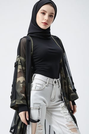 wearing hijab, baggy loose-fitting large see-through tactical kimono, Baggy ripped cargo jeans, doctor marten's high boots, detailed skin texture, front view, ((white_skin)), pale_skin, beautiful woman thick Russian-Korean lady, age 21, 21 years old, toned_belly, big_thighs, curvy, glistening_s, hyperdetailed photography, cover,photorealistic, hourglass body shape